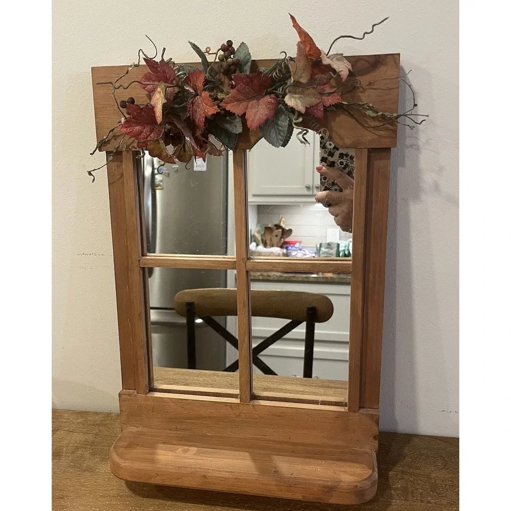 VTG Wood Wall Mirror Shelf Fall Autumn Leaves Berries Primitive Farmhouse Decor